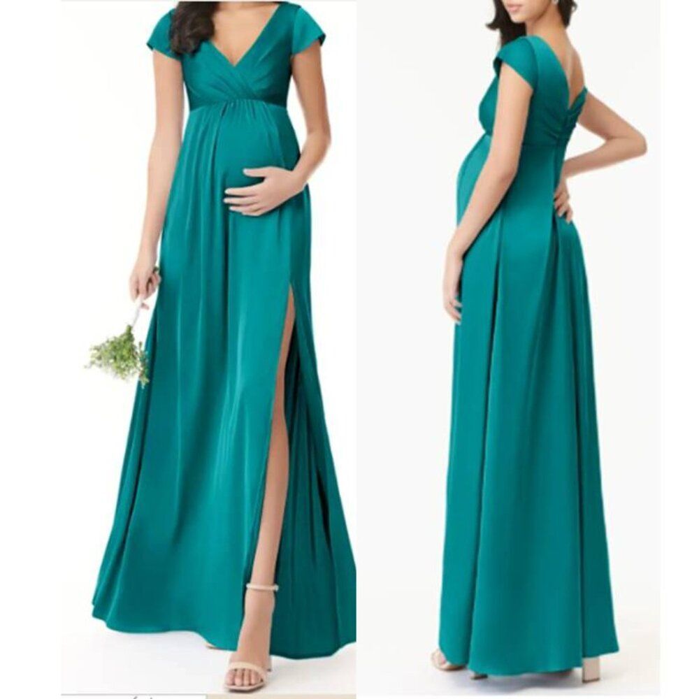 Azazie Size 8 Maternity Stretch Satin Maxi Dress Pleated Party Bridal Teal Size8